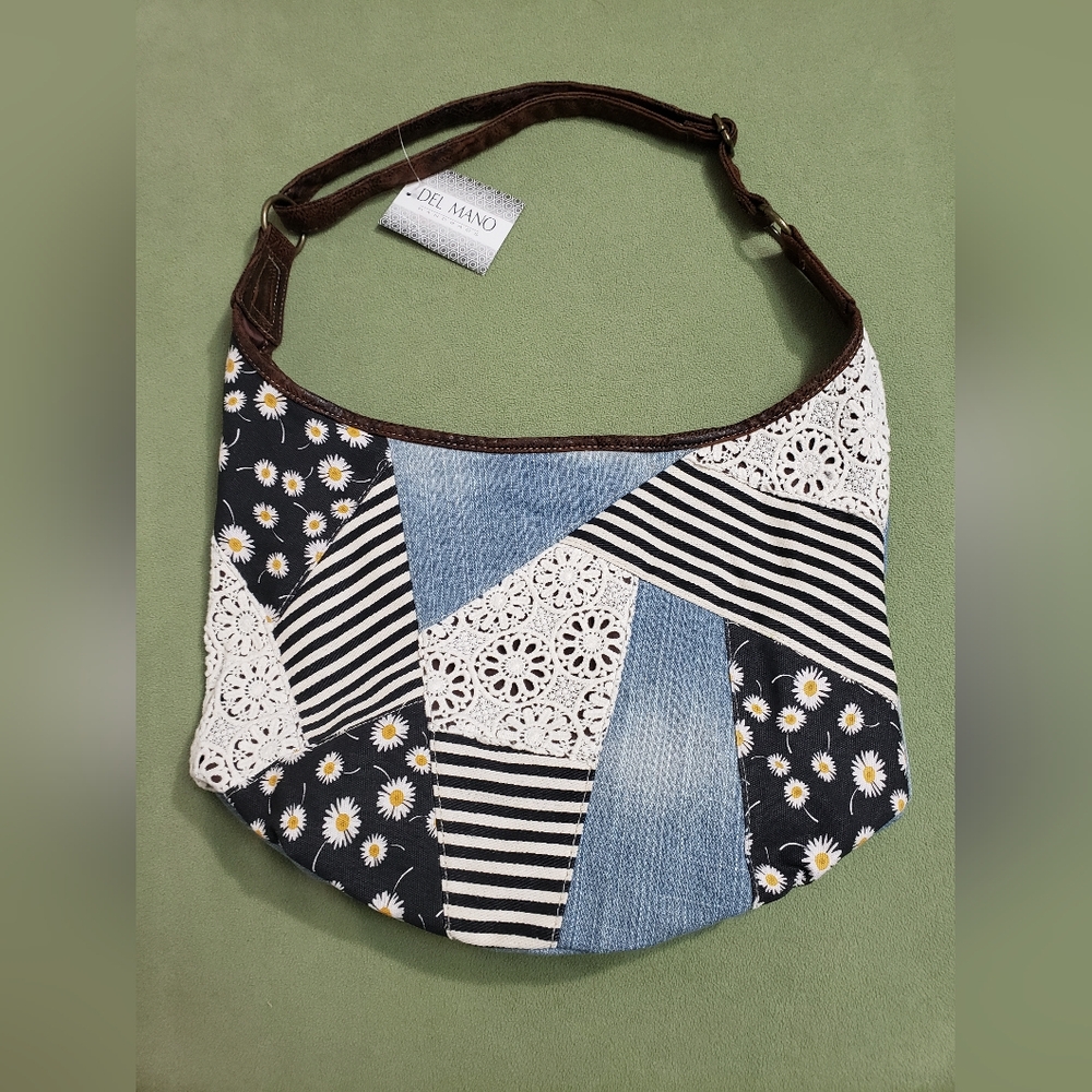 NWT Del Mano Denim Flowers Patchwork Bag